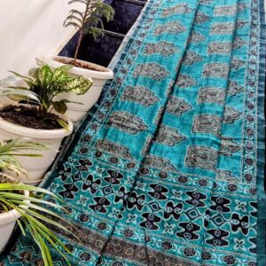 Turquoise Blue Maheshwari Silk Saree with Handcrafted Ajrakh-Inspired Madhubani Print & Kantha Work