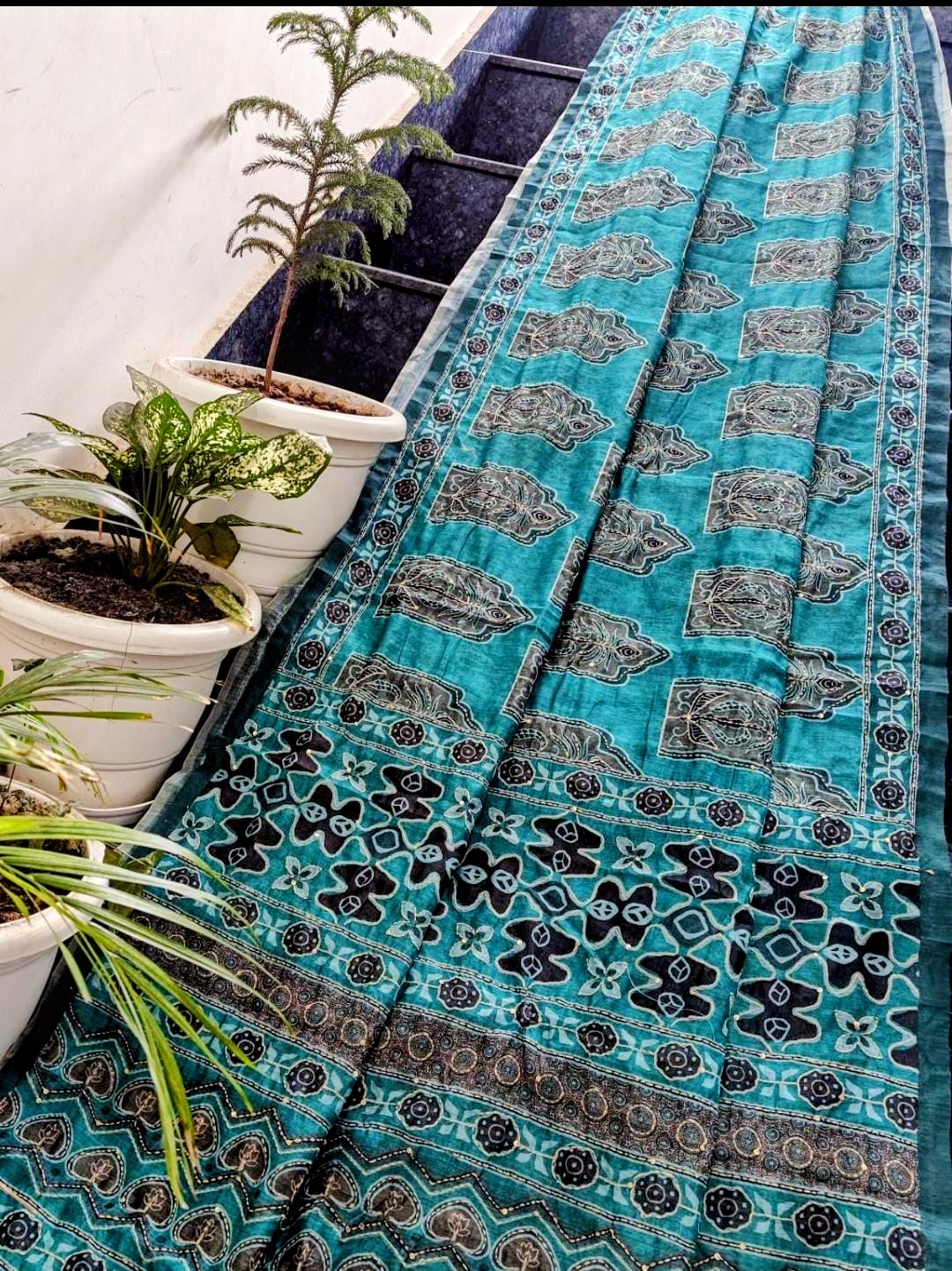 Turquoise Blue Maheshwari Silk Saree with Handcrafted Ajrakh-Inspired Madhubani Print & Kantha Work