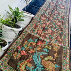 Mocha Brown Maheshwari Silk Saree with Handcrafted Madhubani Peacock Art & Kantha Work