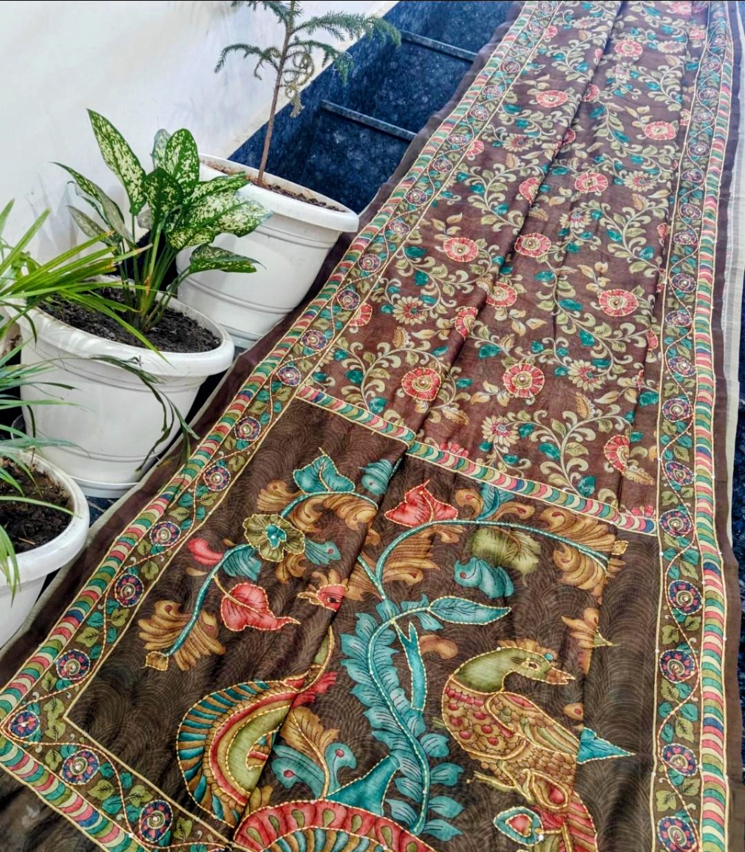 Mocha Brown Maheshwari Silk Saree with Handcrafted Madhubani Peacock Art & Kantha Work