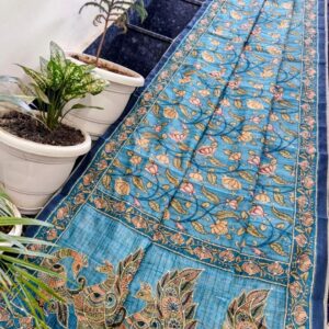 Sky Blue Maheshwari Silk Saree with Handcrafted Madhubani Peacock Print & Kantha Work