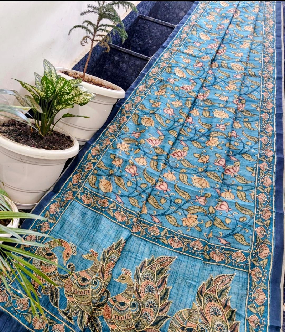 Sky Blue Maheshwari Silk Saree with Handcrafted Madhubani Peacock Print & Kantha Work
