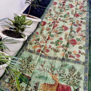 Sage Green Maheshwari Silk Saree with Handcrafted Madhubani Deer Print & Kantha Work