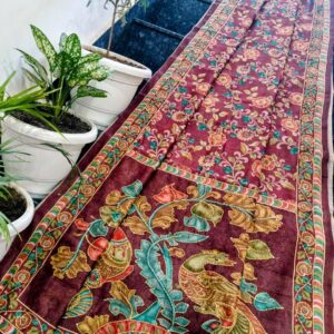 Royal Plum Maheshwari Silk Saree with Handcrafted Madhubani Peacock Art & Kantha Work