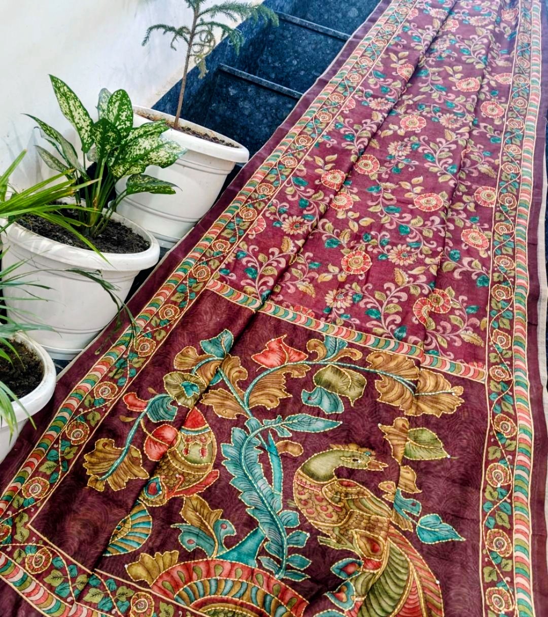 Royal Plum Maheshwari Silk Saree with Handcrafted Madhubani Peacock Art & Kantha Work