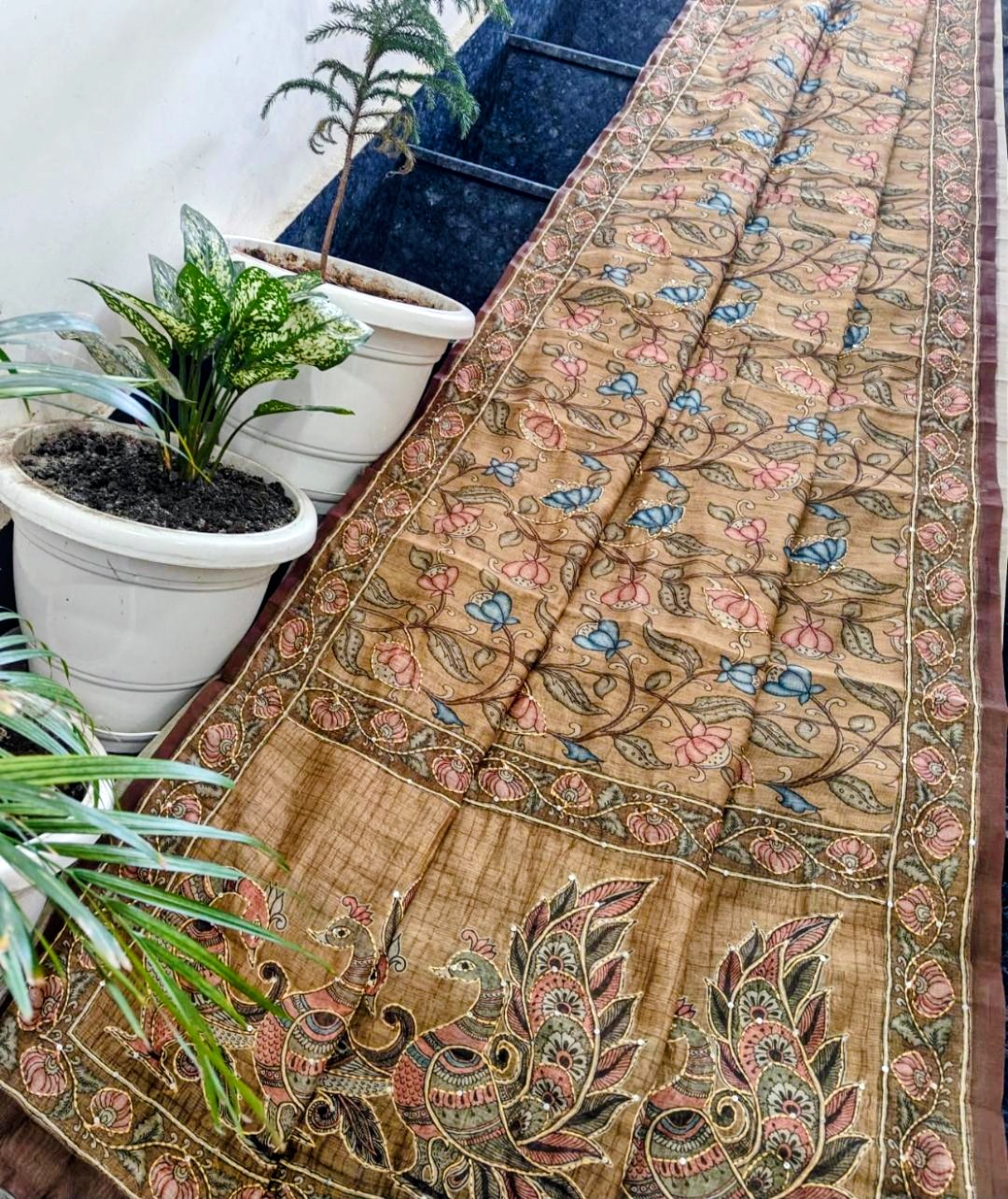 Golden Beige Maheshwari Silk Saree with Handcrafted Madhubani Peacock Print & Kantha Work