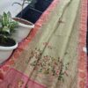 Handcrafted Sage Green Kota Tissue Saree with Floral Kantha Embroidery & Woven Zari Border