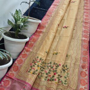 Handcrafted Golden Beige Kota Tissue Saree with Floral Kantha Embroidery & Elegant Zari Border