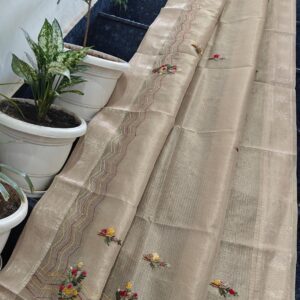 Handcrafted Champagne Gold Kota Tissue Saree with Delicate Floral Embroidery & Kantha Stitch Detailing