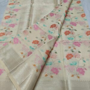 Ivory Cream Handwoven Kota Doria Saree with Pastel Floral Weaving & Elegant Silver-Gold Zari Border | Premium Handloom Saree