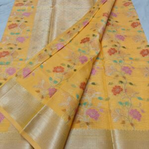 Sunshine Yellow Handwoven Kota Doria Saree with Floral Weaving & Golden Zari Border | Lightweight Traditional Elegance