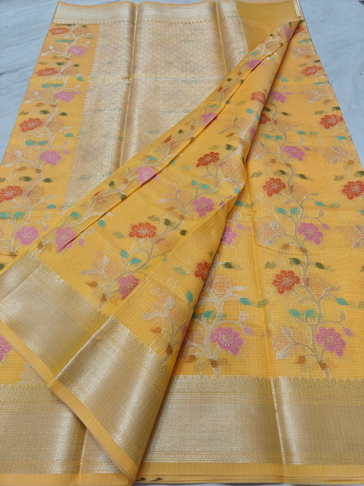 Sunshine Yellow Handwoven Kota Doria Saree with Floral Weaving & Golden Zari Border | Lightweight Traditional Elegance