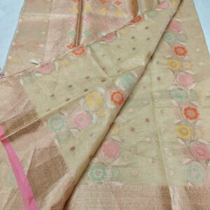 Champagne Beige Handwoven Kota Doria Saree with Pastel Floral Motifs & Rose Gold Zari Border | Elegant Handloom Festive Saree