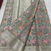Mist Grey Handwoven Kota Doria Saree with Multicolor Floral Weaving & Silver Zari Border | Elegant Handloom Festive Saree