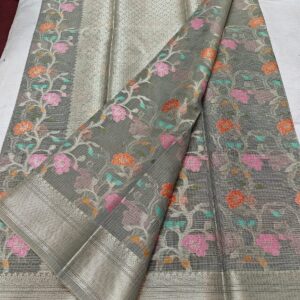 Mist Grey Handwoven Kota Doria Saree with Multicolor Floral Weaving & Silver Zari Border | Elegant Handloom Festive Saree