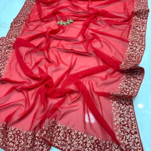 Ruby Red Vichitra Silk Party Wear Saree with Gold Floral Embroidered Border & Blouse Piece