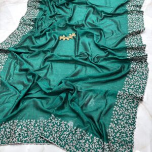 Emerald Green Vichitra Silk Party Wear Saree with Silver Floral Embroidered Border & Blouse Piece