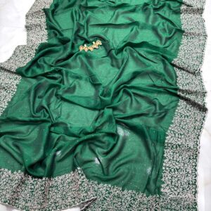 Emerald Forest Green Vichitra Silk Saree with Silver Floral Embroidery Border & Blouse Piece | Party Wear Collection
