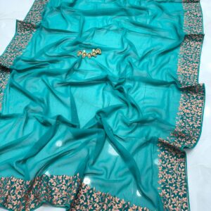 Aqua Teal Vichitra Silk Party Wear Saree with Rose Gold Floral Embroidered Border & Blouse Piece