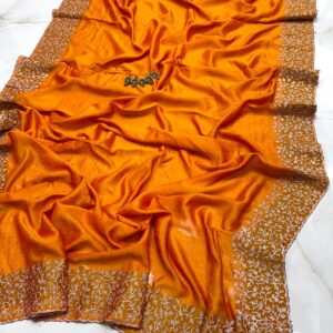 Saffron Orange Vichitra Silk Party Wear Saree with Silver Floral Embroidered Border & Blouse Piece