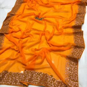 Sunshine Mustard Vichitra Silk Party Wear Saree with Rose Gold Floral Embroidered Border & Blouse Piece