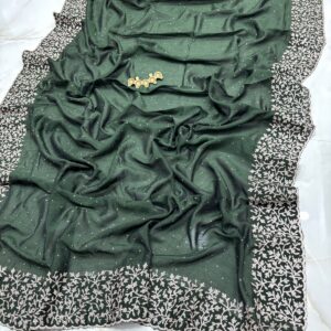 Midnight Olive Green Vichitra Silk Party Wear Saree with Silver Floral Embroidered Border & Blouse Piece