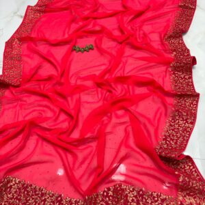 Radiant Hot Pink Vichitra Silk Party Wear Saree with Golden Floral Embroidered Border & Blouse Piece