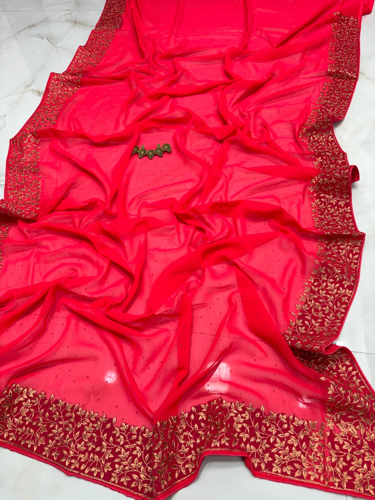 Radiant Hot Pink Vichitra Silk Party Wear Saree with Golden Floral Embroidered Border & Blouse Piece