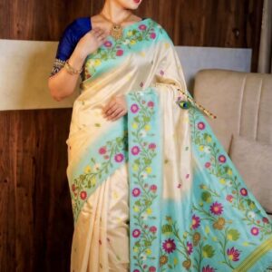 Aqua Mist Tussar Silk Saree with Handcrafted Ikkat Floral Work | Elegant Designer Saree with Blouse Piece