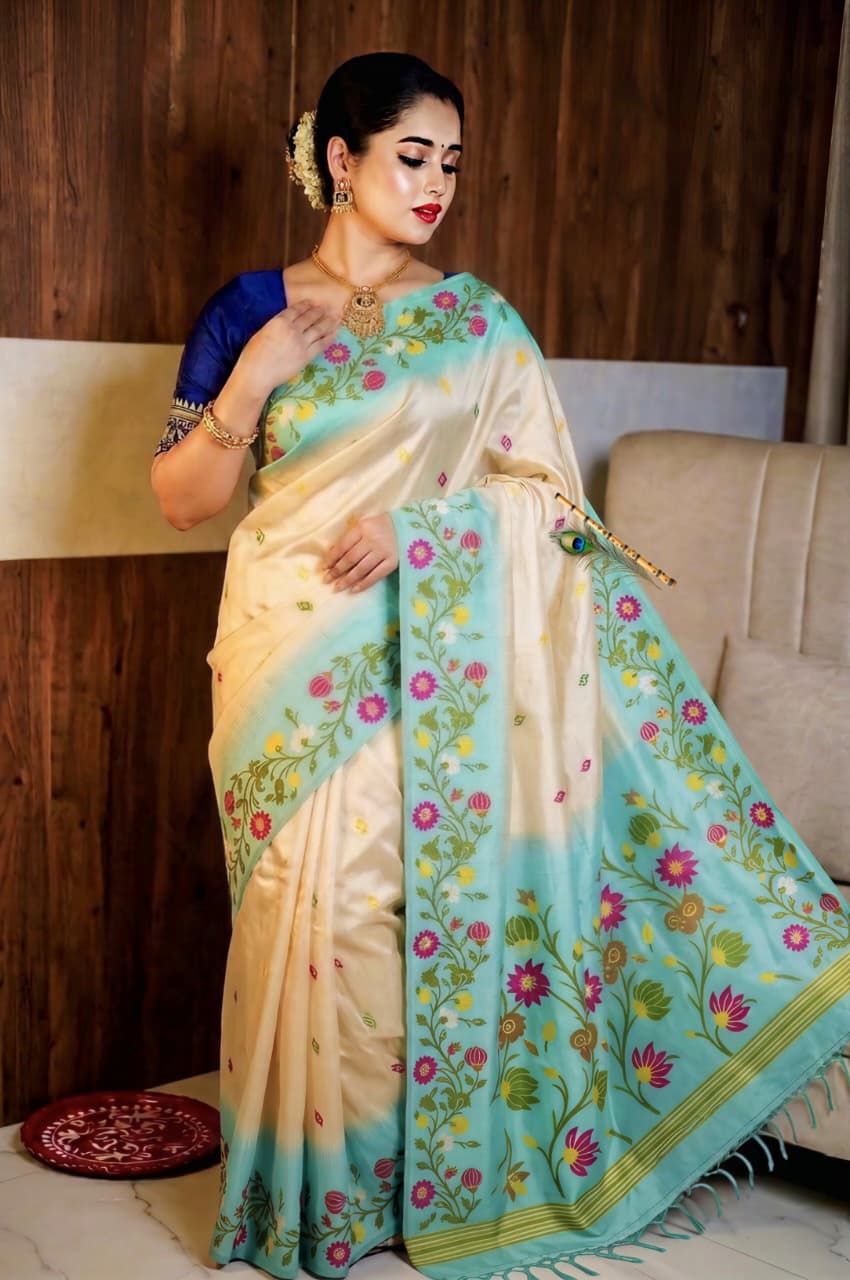 Aqua Mist Tussar Silk Saree with Handcrafted Ikkat Floral Work | Elegant Designer Saree with Blouse Piece