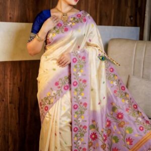 Ivory & Lavender Tussar Silk Saree with Ikkat Handwork Floral Border | Elegant Handcrafted Ethnic Wear with Blouse Piece