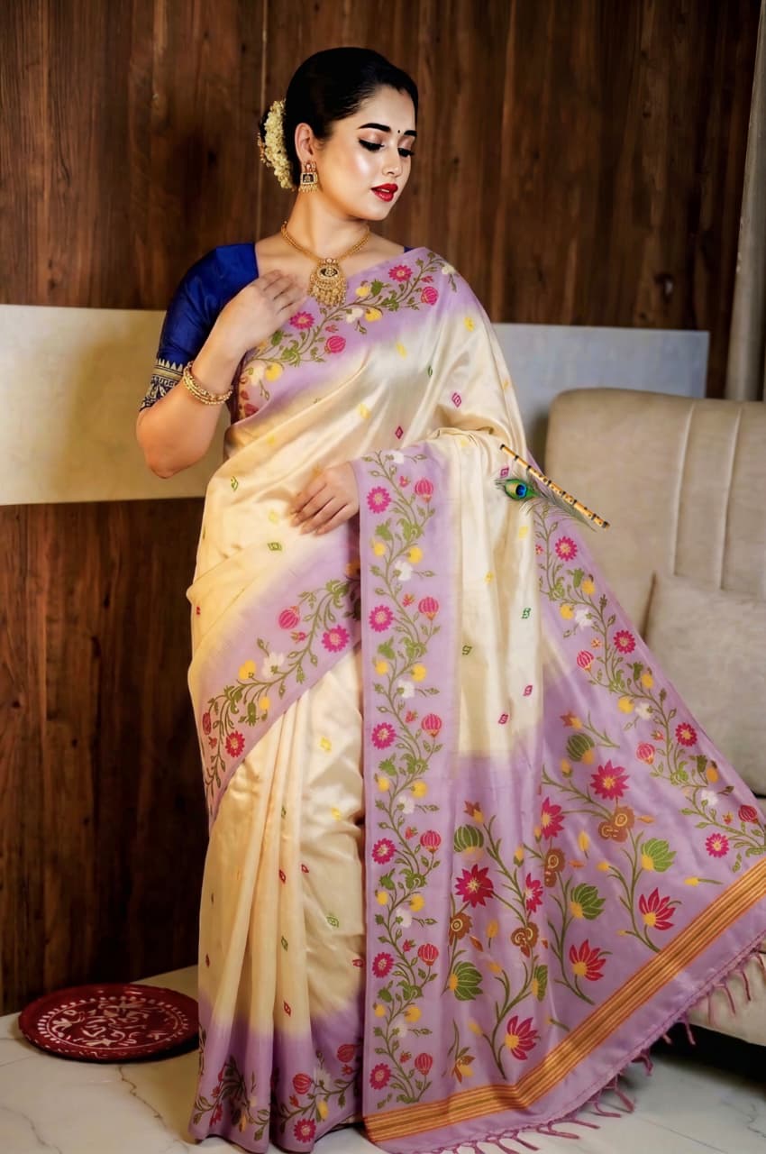 Ivory & Lavender Tussar Silk Saree with Ikkat Handwork Floral Border | Elegant Handcrafted Ethnic Wear with Blouse Piece