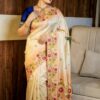Peach Blossom Tussar Silk Saree with Ikkat Handcrafted Floral Work | Elegant Ethnic Saree with Blouse Piece