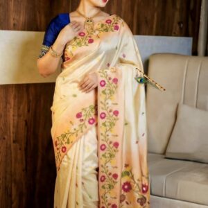 Peach Blossom Tussar Silk Saree with Ikkat Handcrafted Floral Work | Elegant Ethnic Saree with Blouse Piece