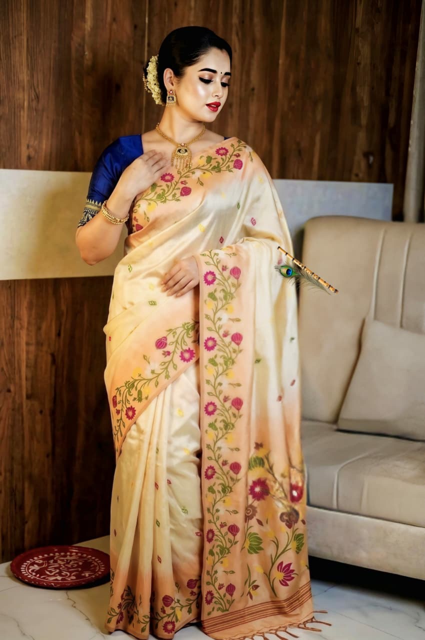 Peach Blossom Tussar Silk Saree with Ikkat Handcrafted Floral Work | Elegant Ethnic Saree with Blouse Piece