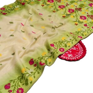 Pistachio Green Tussar Silk Saree with Handcrafted Ikkat Floral Work | Elegant Heritage Saree with Blouse Piece