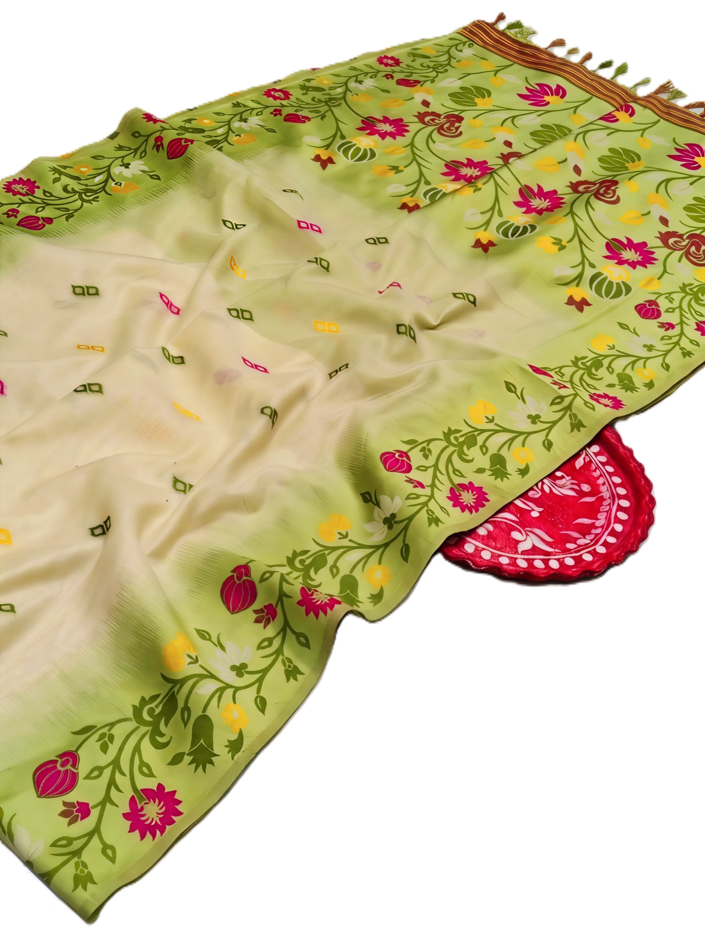 Pistachio Green Tussar Silk Saree with Handcrafted Ikkat Floral Work | Elegant Heritage Saree with Blouse Piece