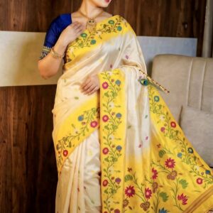 Sunshine Yellow Tussar Silk Saree with Ikkat Handcrafted Floral Border | Elegant Ethnic Saree with Blouse Piece