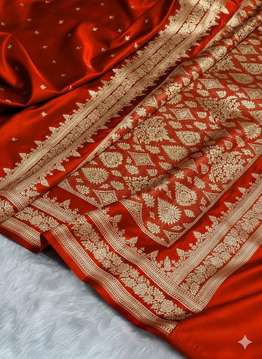 Handcrafted Royal Scarlet Red Banarasi Mashru Silk Saree with Gold Zari Weaving & Rich Pallu | Artisan-Crafted Katan-Inspired Saree