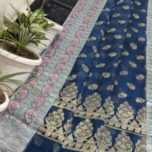 Handwoven Pure Kota Doria Saree in Midnight Blue with Floral Buti Weaving & Heritage Border