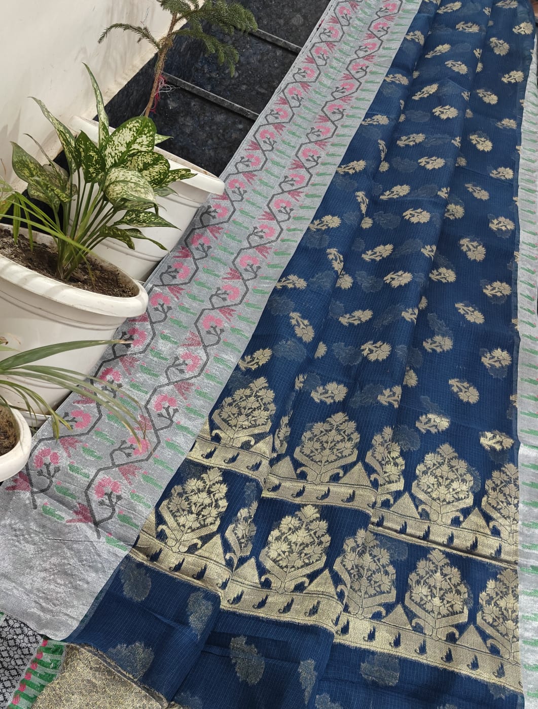 Handwoven Pure Kota Doria Saree in Midnight Blue with Floral Buti Weaving & Heritage Border
