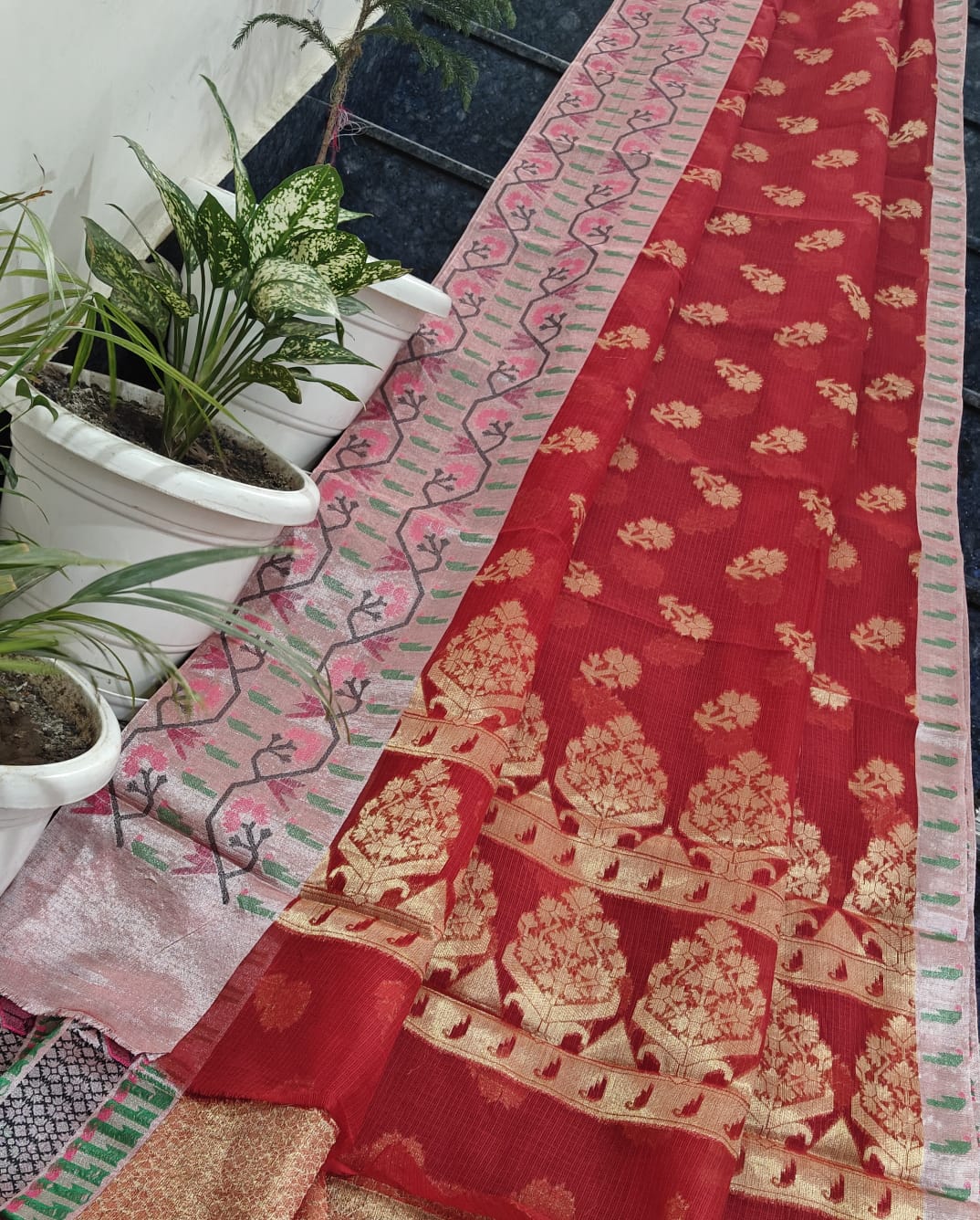 Handwoven Pure Kota Doria Saree in Vermilion Red with Golden Floral Buti & Traditional Heritage Weaving