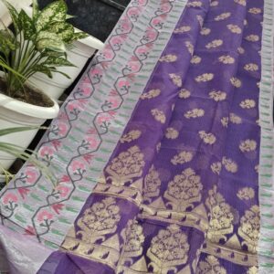 Handwoven Pure Kota Doria Saree in Royal Lavender Purple with Floral Buti Weaving & Heritage Border