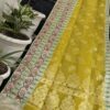 Handwoven Pure Kota Doria Saree in Mustard Yellow with Traditional Floral Woven Border & Running Blouse