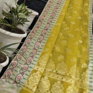 Handwoven Pure Kota Doria Saree in Mustard Yellow with Traditional Floral Woven Border & Running Blouse
