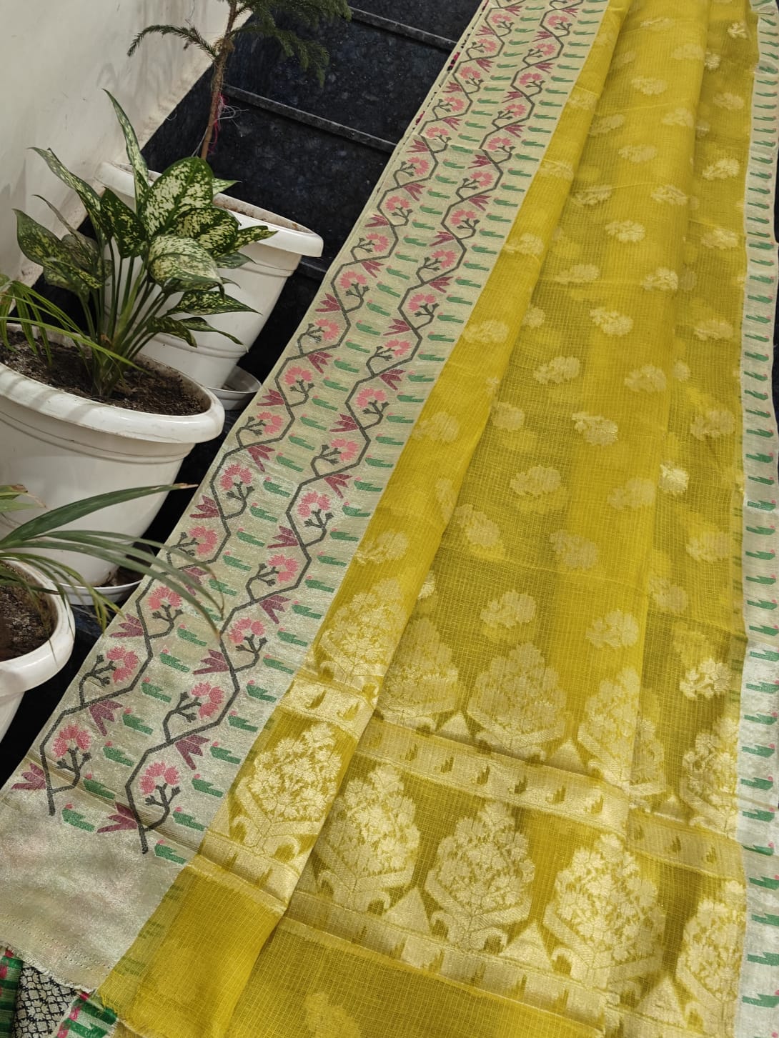 Handwoven Pure Kota Doria Saree in Mustard Yellow with Traditional Floral Woven Border & Running Blouse