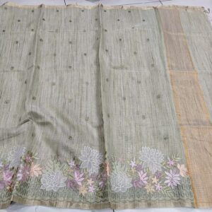 Handcrafted Sage Green Kota Doria Saree with Floral Appliqué Embroidery Border – Elegant Pastel Designer Saree