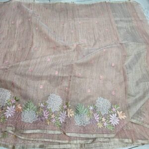 Handcrafted Blush Beige Kota Doria Saree with Floral Appliqué & Lotus Embroidery Border – Boutique Designer Saree