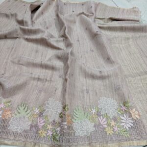 Handcrafted Dusty Mauve Kota Doria Saree with Floral Appliqué & Embroidered Lotus Border – Elegant Boutique Collection