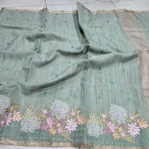 Handcrafted Sea Green Kota Doria Saree with Floral Appliqué & Lotus Embroidery Border – Elegant Boutique Saree